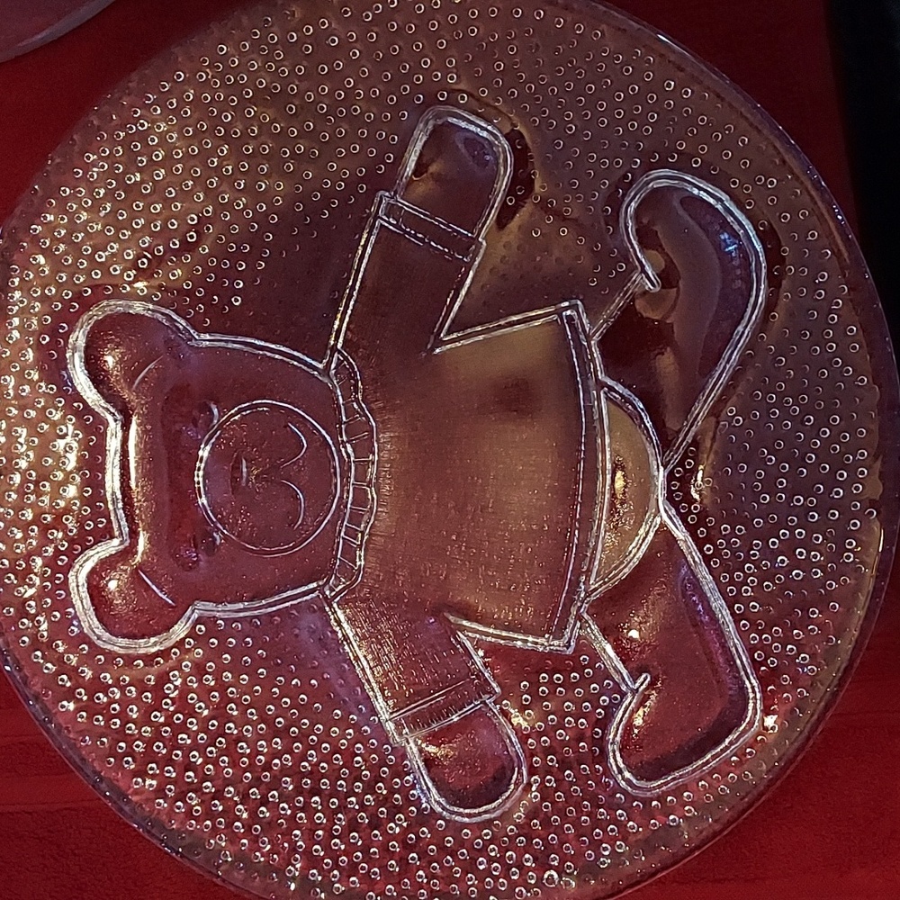 Vintage Crystal Stippled Etched Glass Teddy Bear Large Serving Plate Dish 12.5”